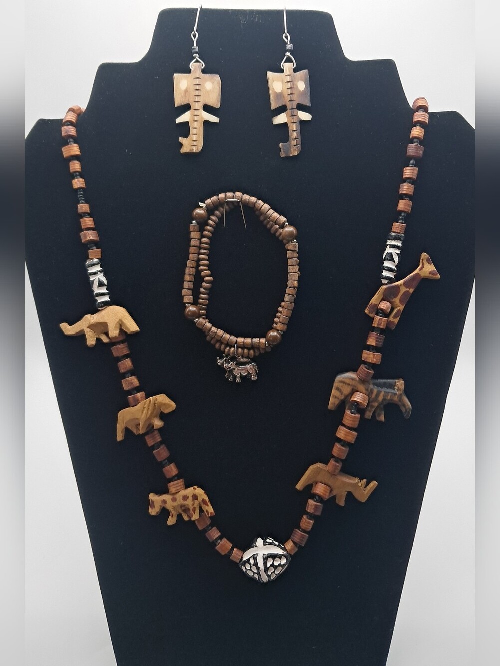 African Handmade Wooden Safari Animal Jewelry Set Necklace Bracelet Earrings